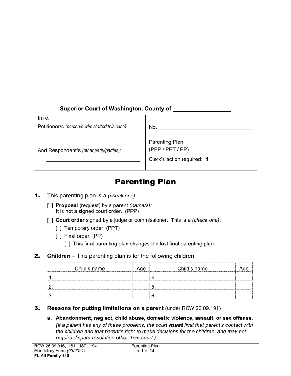 Form FL All Family140 Parenting Plan - Washington, Page 1
