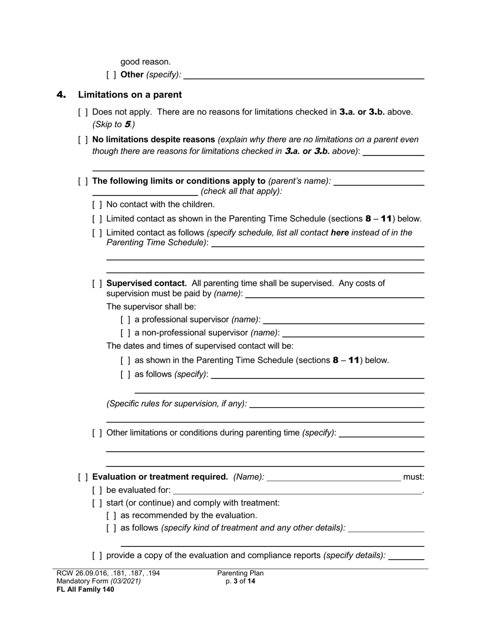 Form FL All Family140 Parenting Plan - Washington, Page 3