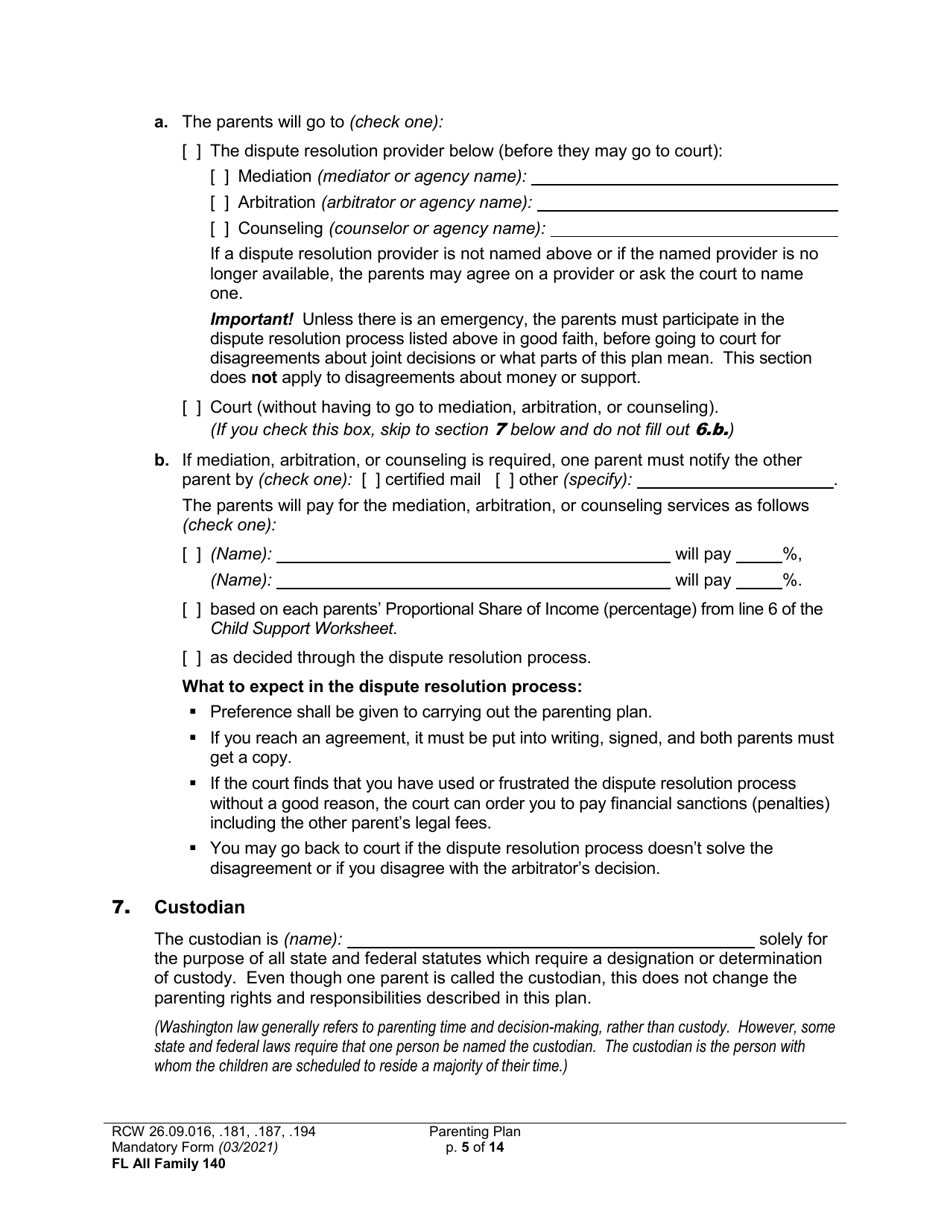 Form FL All Family140 Parenting Plan - Washington, Page 5