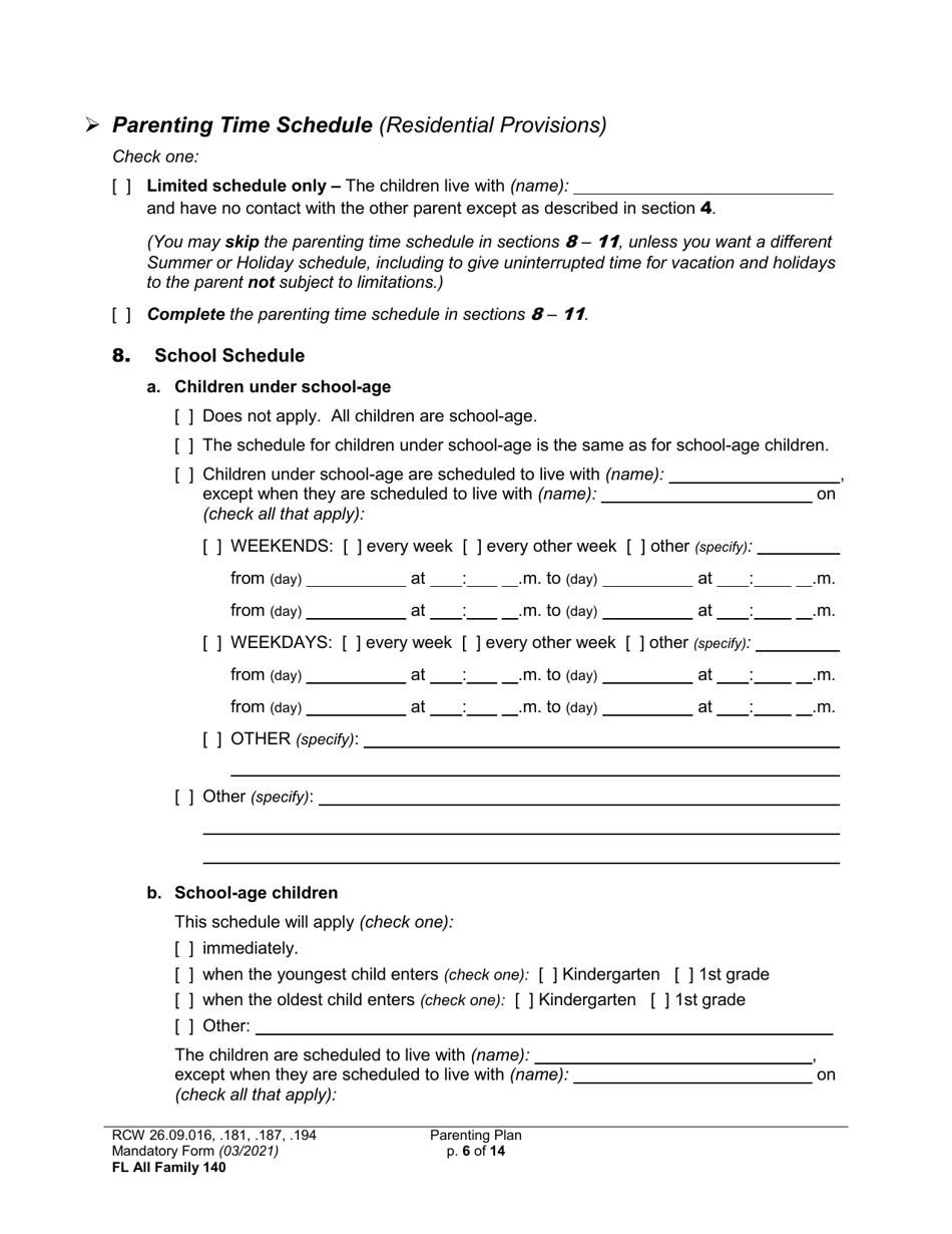 Form FL All Family140 Parenting Plan - Washington, Page 6