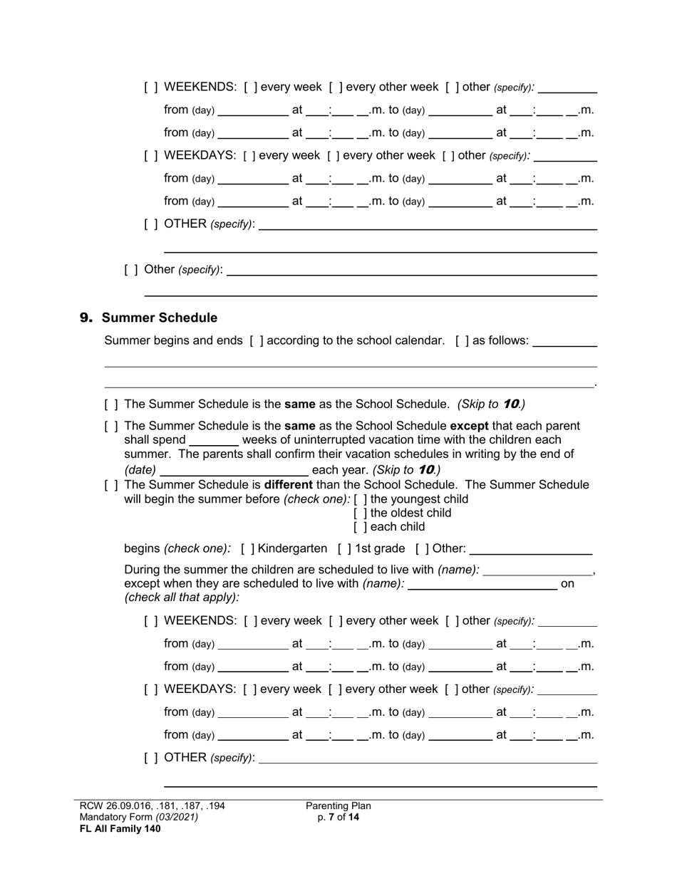 Form FL All Family140 Parenting Plan - Washington, Page 7