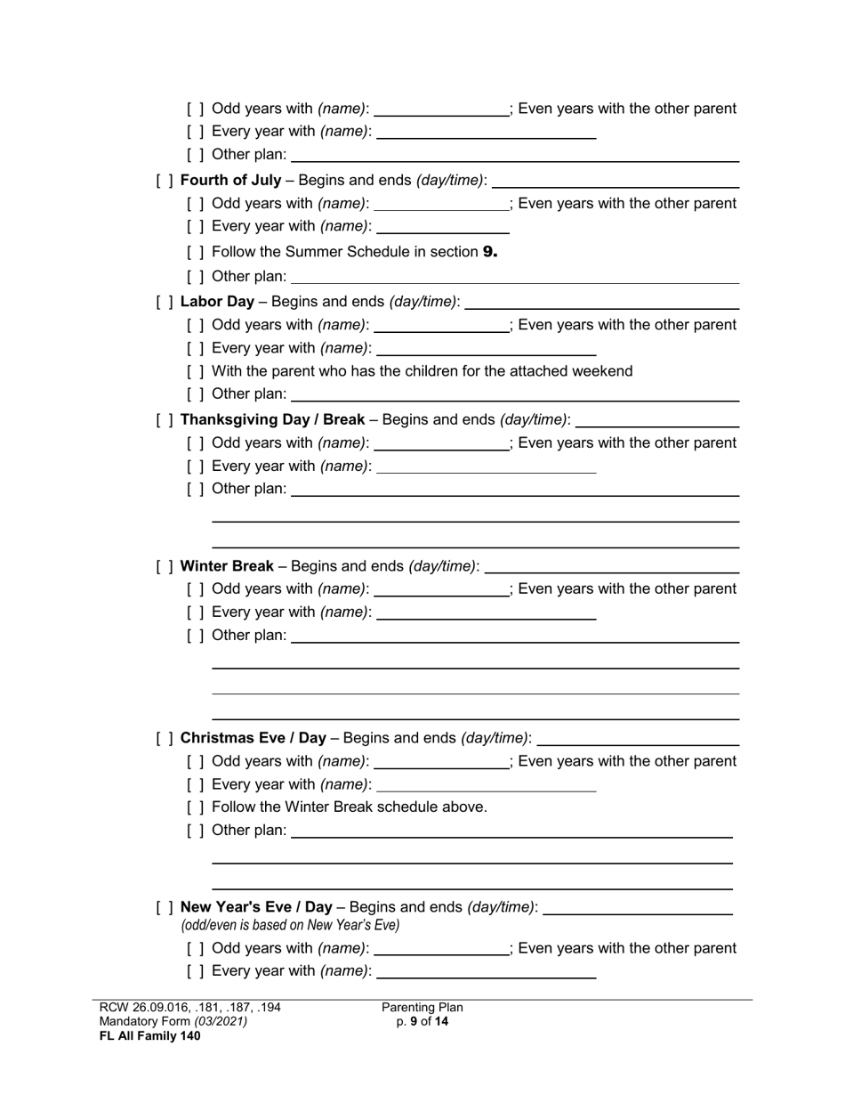 Form FL All Family140 Parenting Plan - Washington, Page 9
