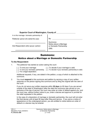 Form FL Divorce200 Summons: Notice About a Marriage or Domestic Partnership - Washington
