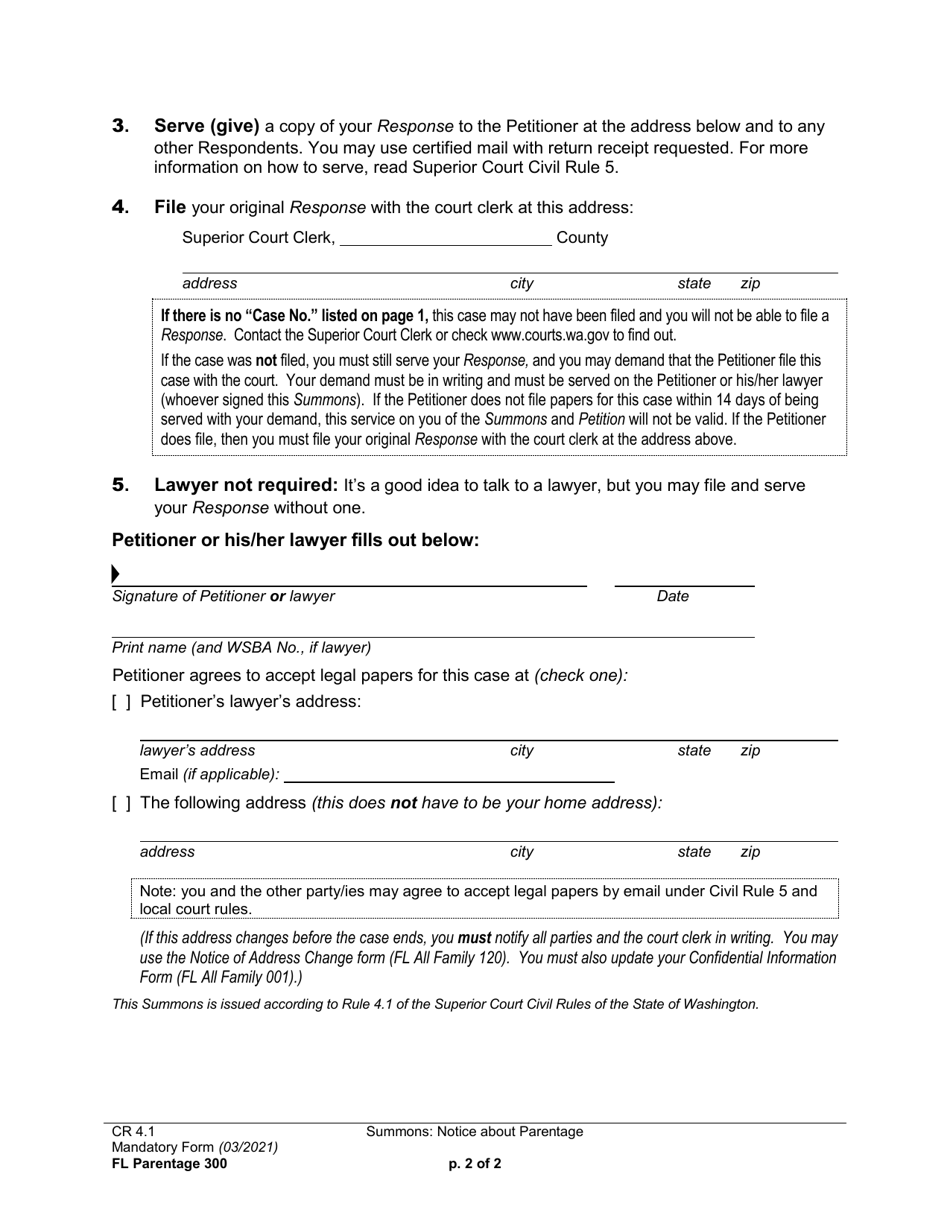 Form FL Parentage300 Summons: Notice About Parentage - Washington, Page 2