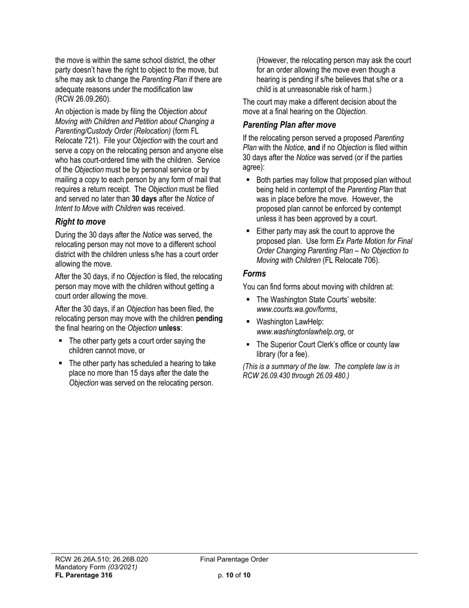 Form FL Parentage316 Final Parentage Order - Washington, Page 10