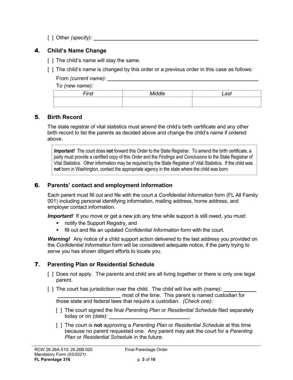 Form FL Parentage316 Final Parentage Order - Washington, Page 3