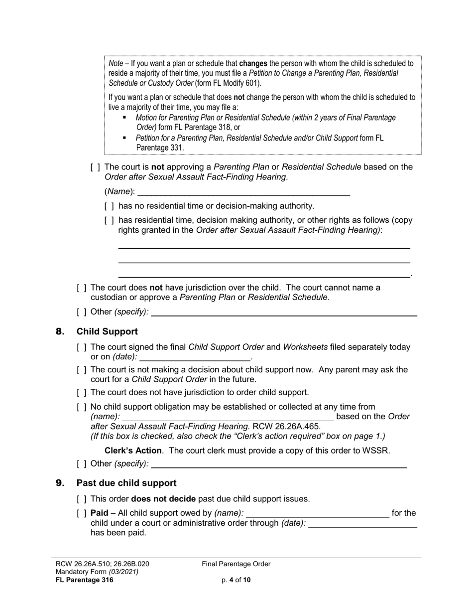 Form FL Parentage316 Final Parentage Order - Washington, Page 4