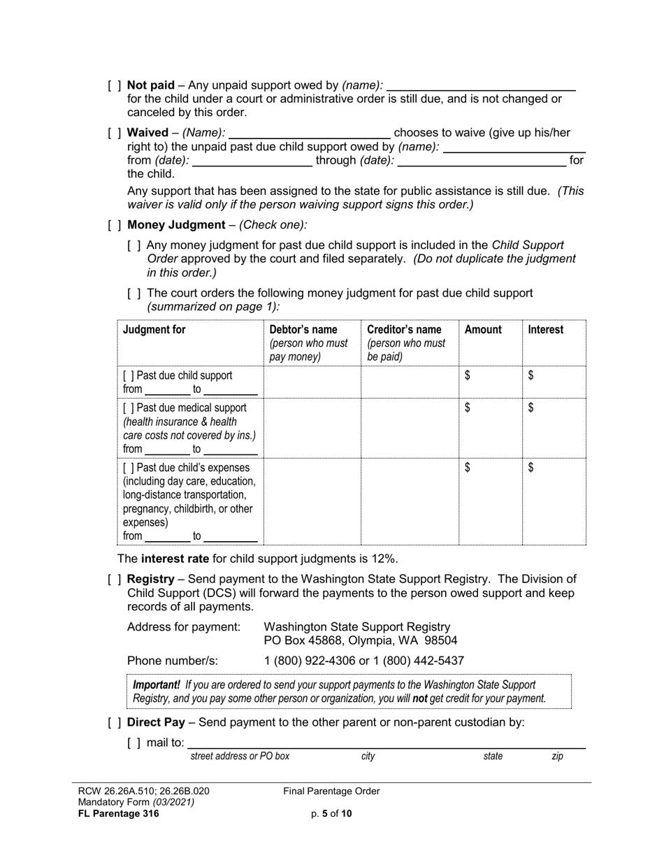Form FL Parentage316 Final Parentage Order - Washington, Page 5
