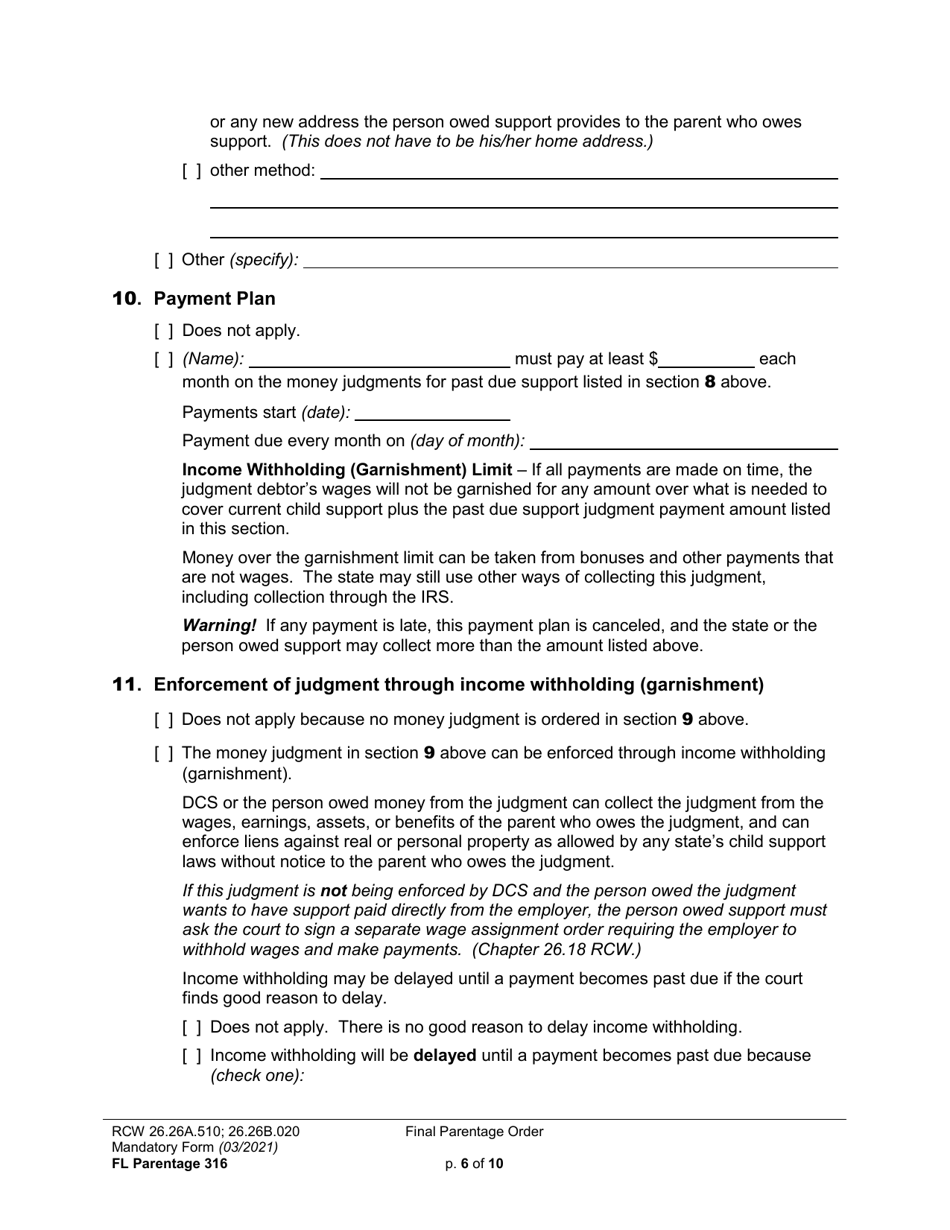 Form FL Parentage316 Final Parentage Order - Washington, Page 6