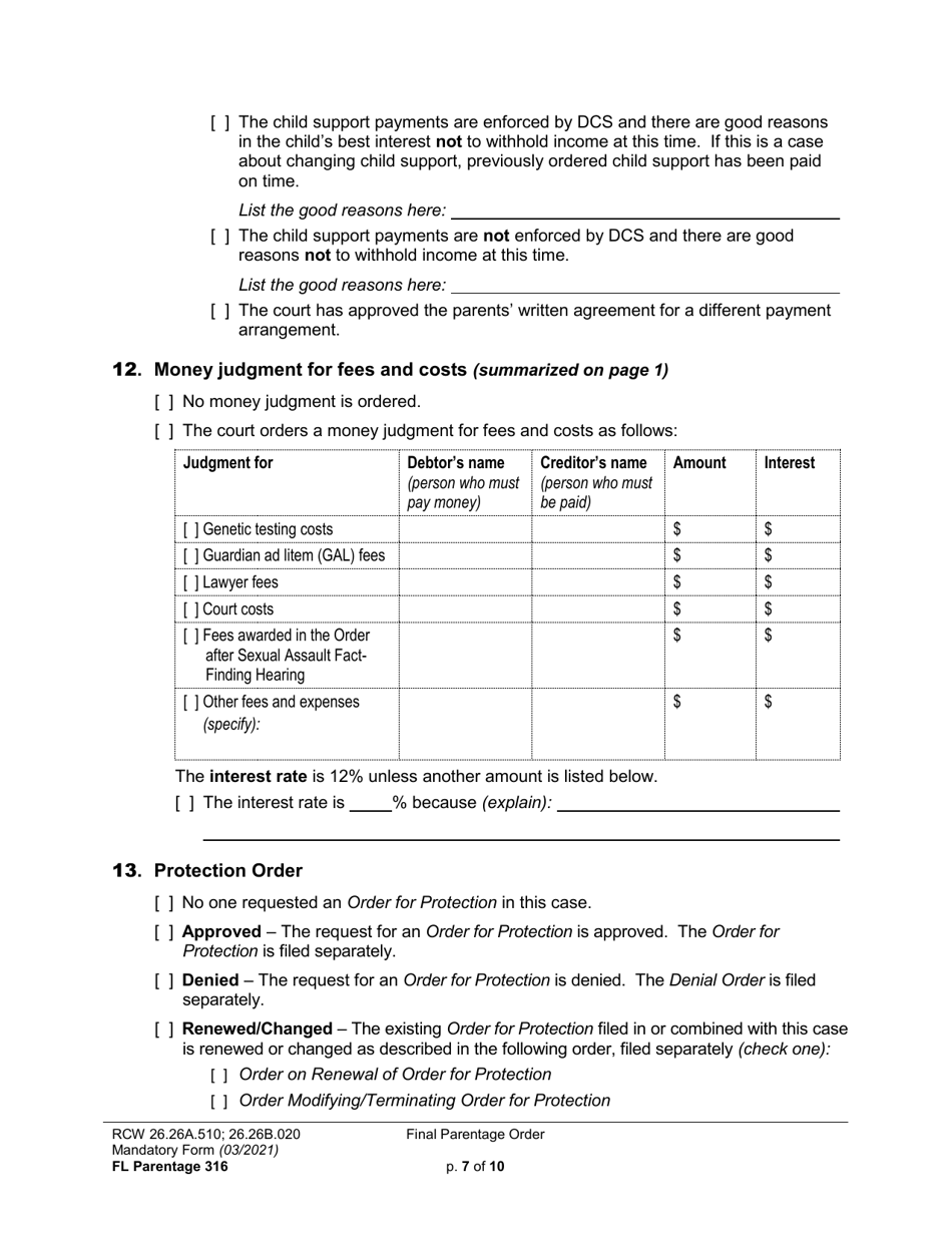 Form FL Parentage316 Final Parentage Order - Washington, Page 7