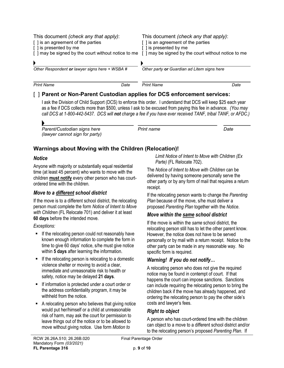 Form FL Parentage316 Final Parentage Order - Washington, Page 9