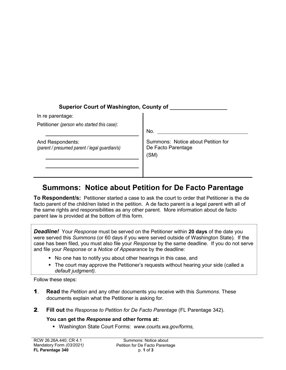 Form FL Parentage340 Summons: Notice About Petition for De Facto Parentage - Washington, Page 1