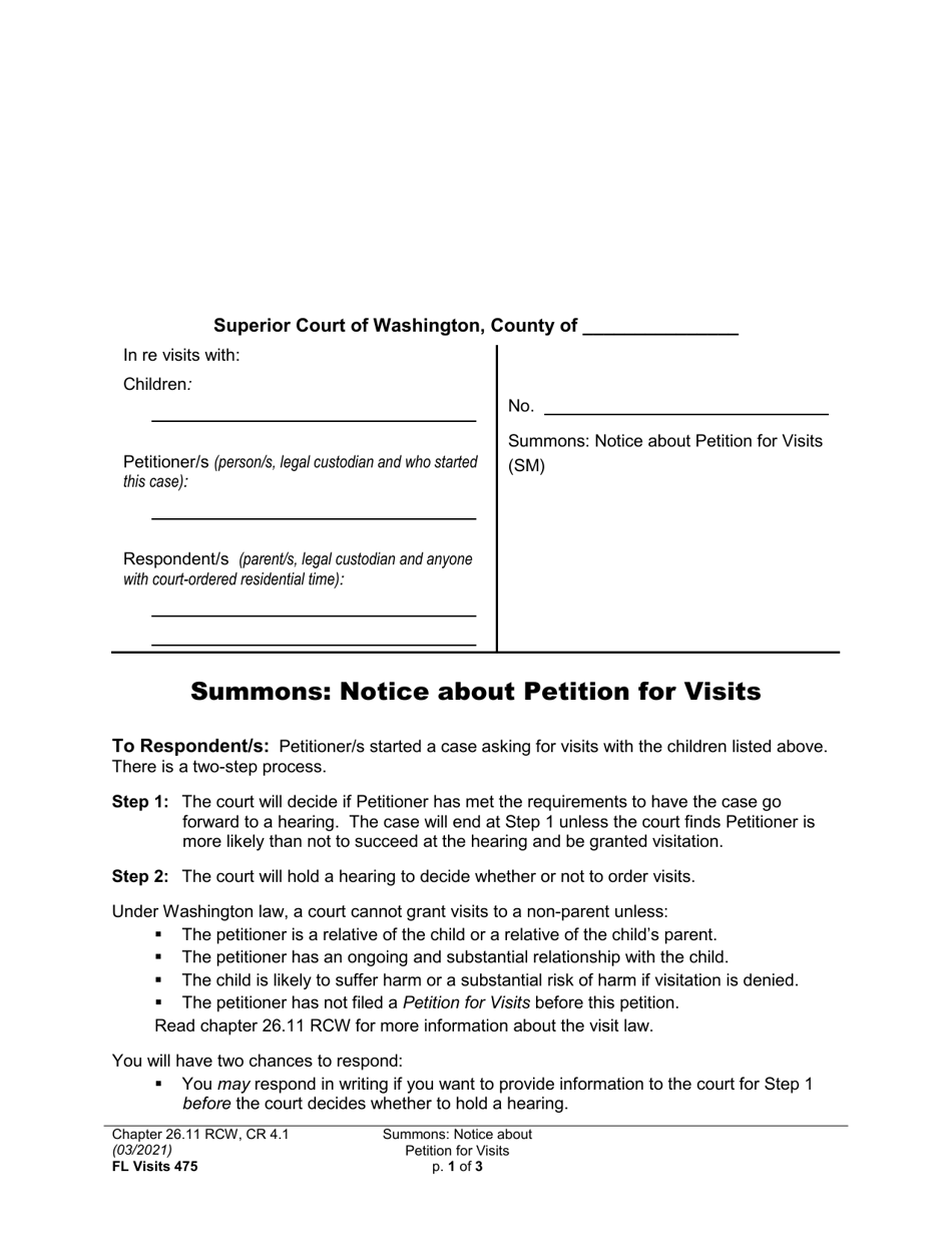 Form FL Visits475 Summons: Notice About Petition for Visits - Washington, Page 1