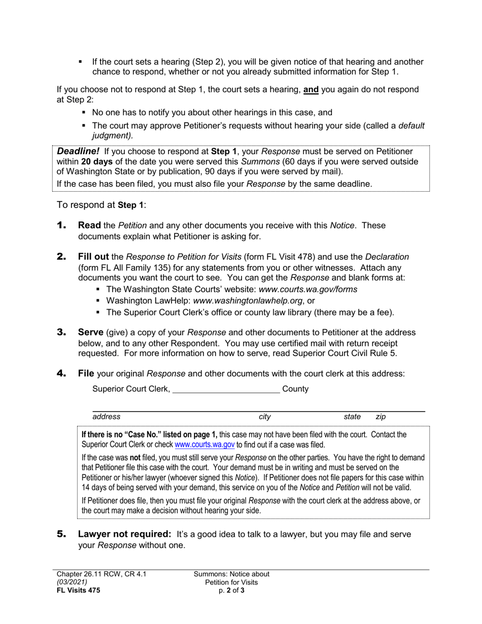 Form FL Visits475 Summons: Notice About Petition for Visits - Washington, Page 2
