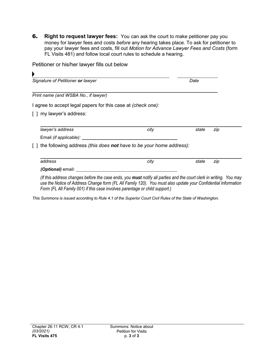 Form FL Visits475 Summons: Notice About Petition for Visits - Washington, Page 3