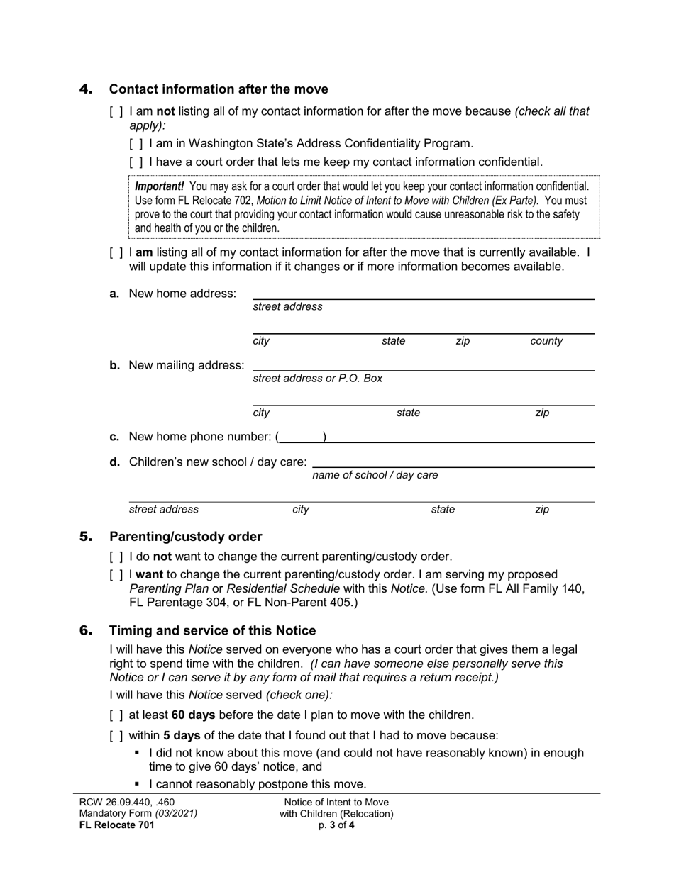 Form FL Relocate701 Notice of Intent to Move With Children (Relocation) - Washington, Page 3