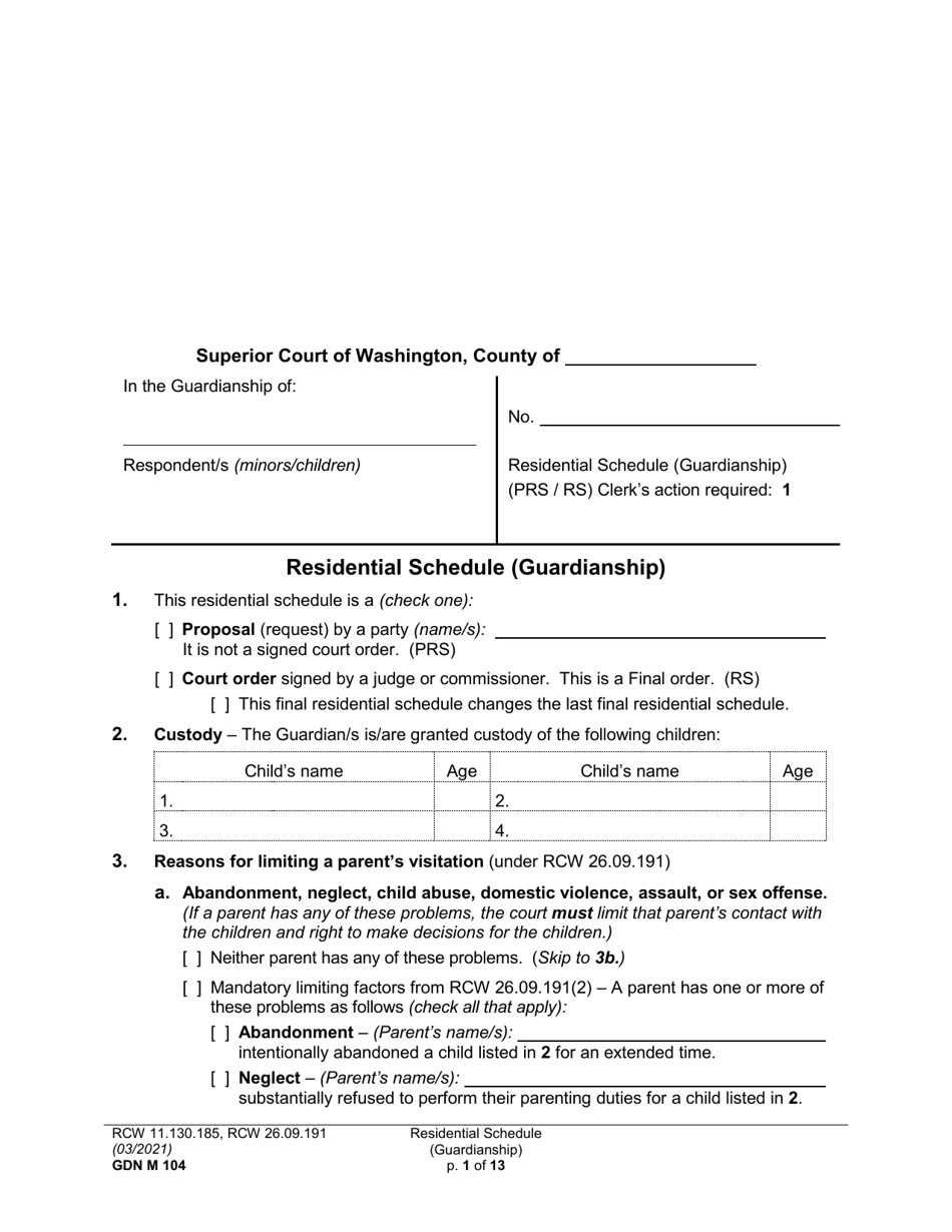 Form GDN M104 Residential Schedule (Guardianship) - Washington, Page 1