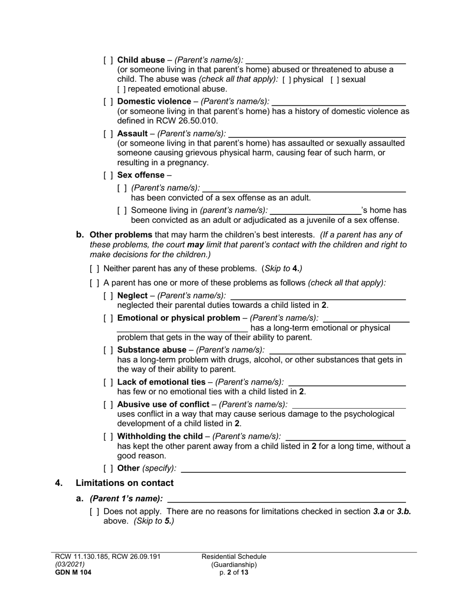 Form GDN M104 Residential Schedule (Guardianship) - Washington, Page 2