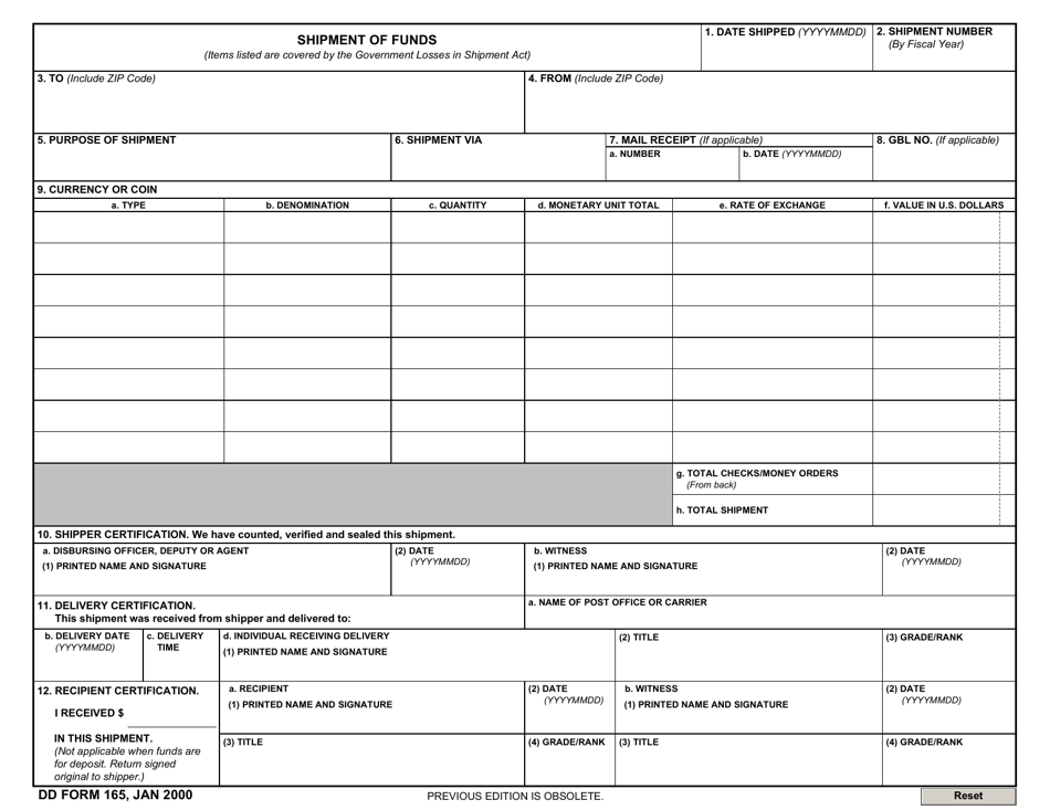 DD Form 165 Shipment of Funds, Page 1