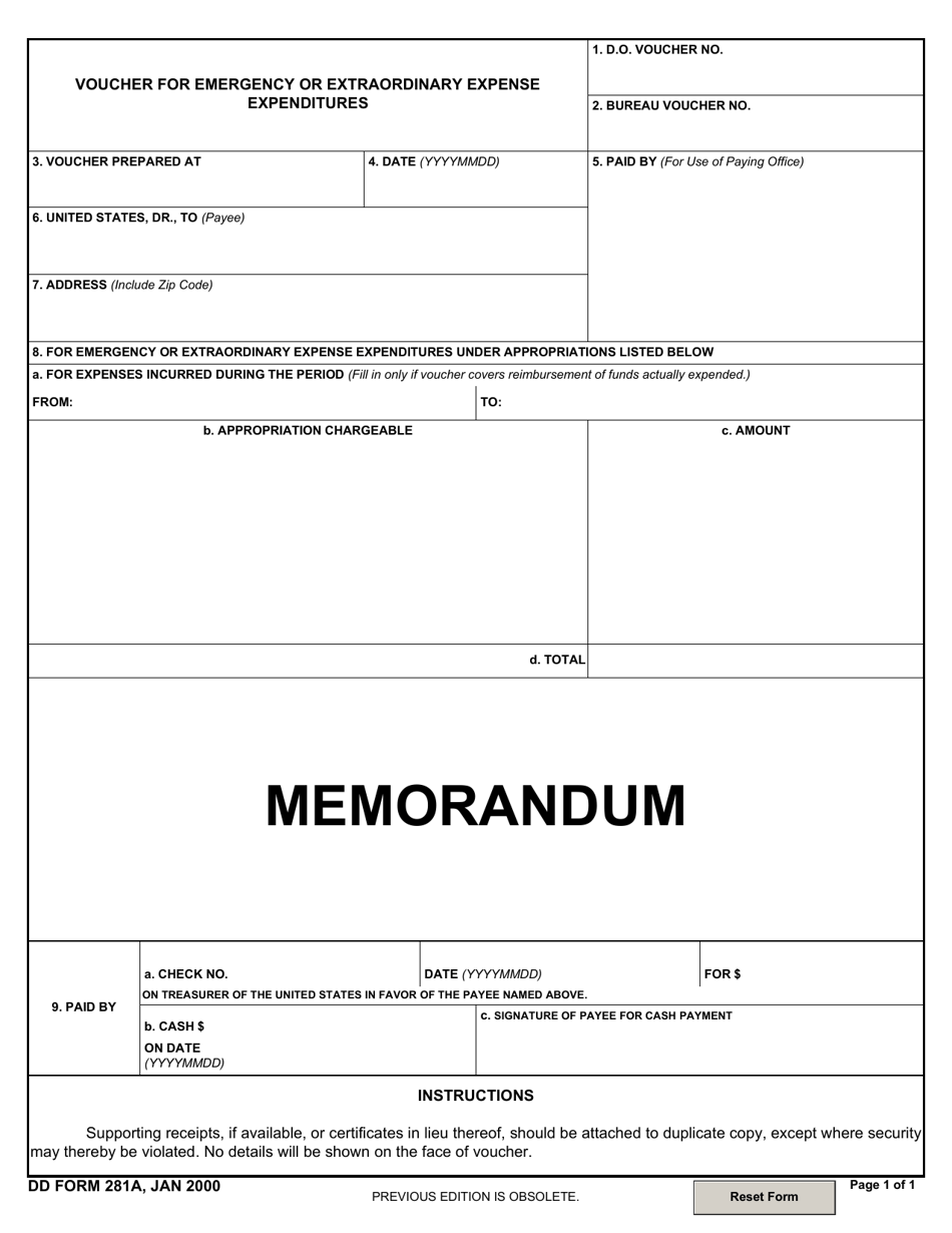 DD Form 281A Voucher for Emergency or Extraordinary Expense Expenditures - Memorandum, Page 1