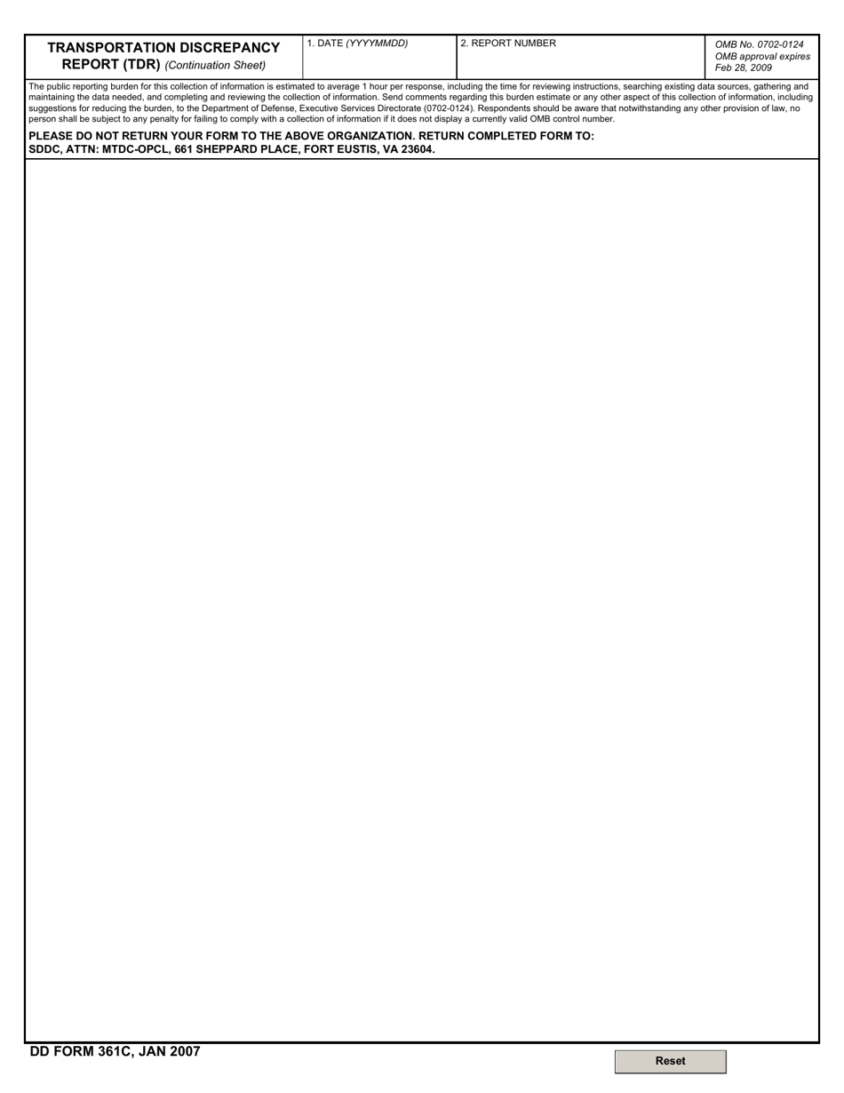 DD Form 361C Transportation Discrepancy Report (Tdr) (Continuation Sheet), Page 1