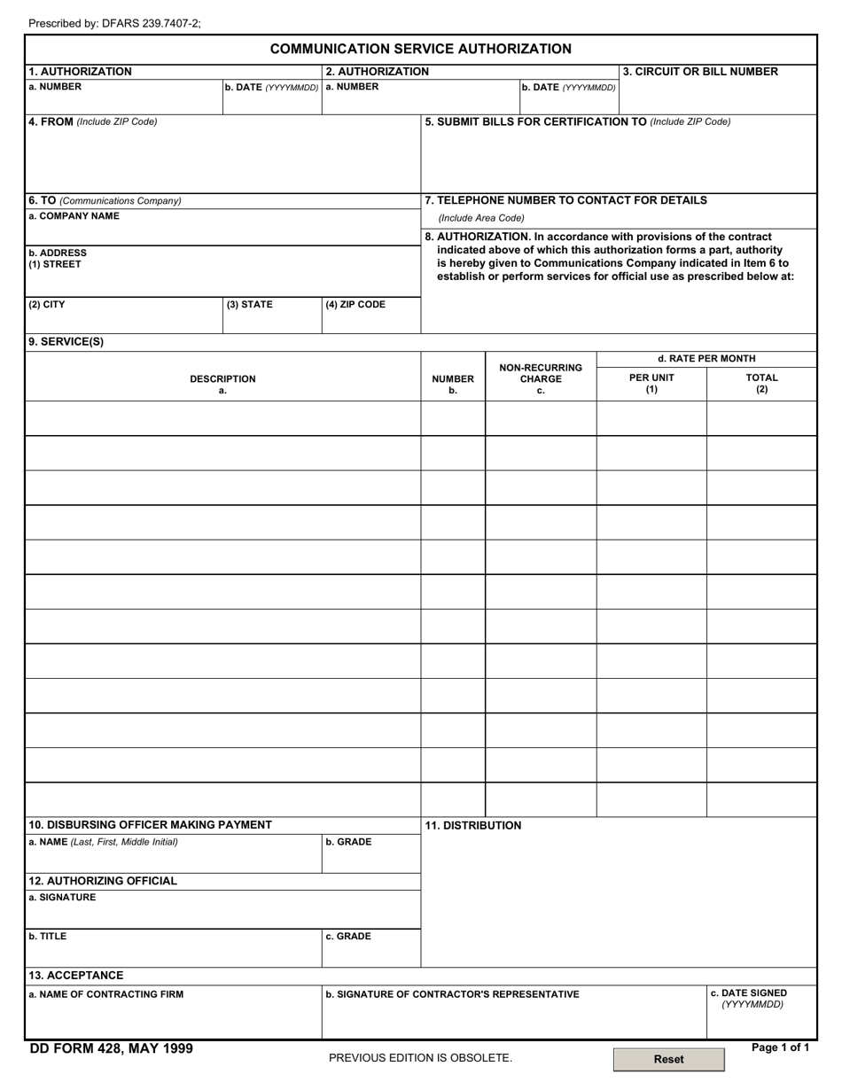 DD Form 428 Communication Service Authorization, Page 1