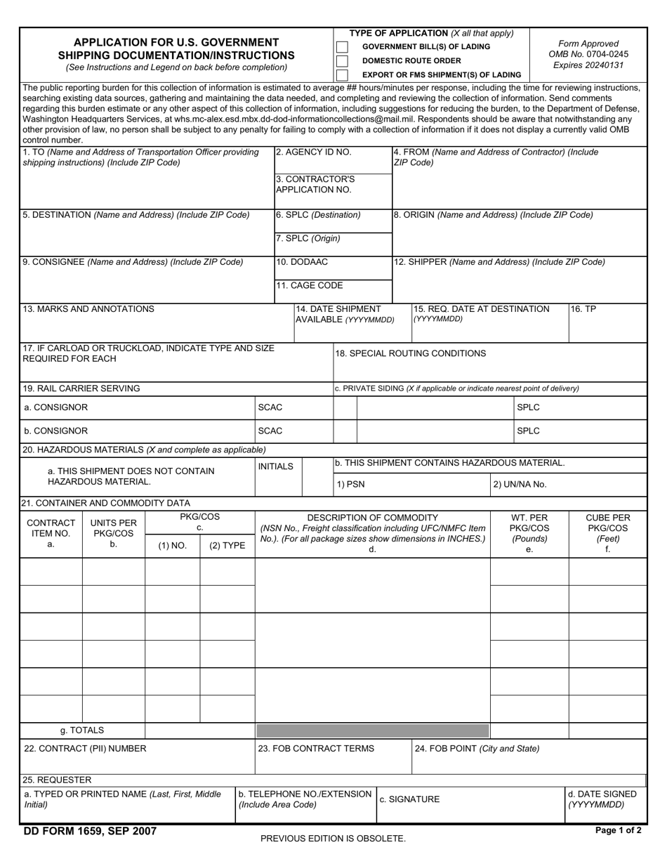 DD Form 1659 Application for U.S. Government Shipping Documentation / Instructions, Page 1
