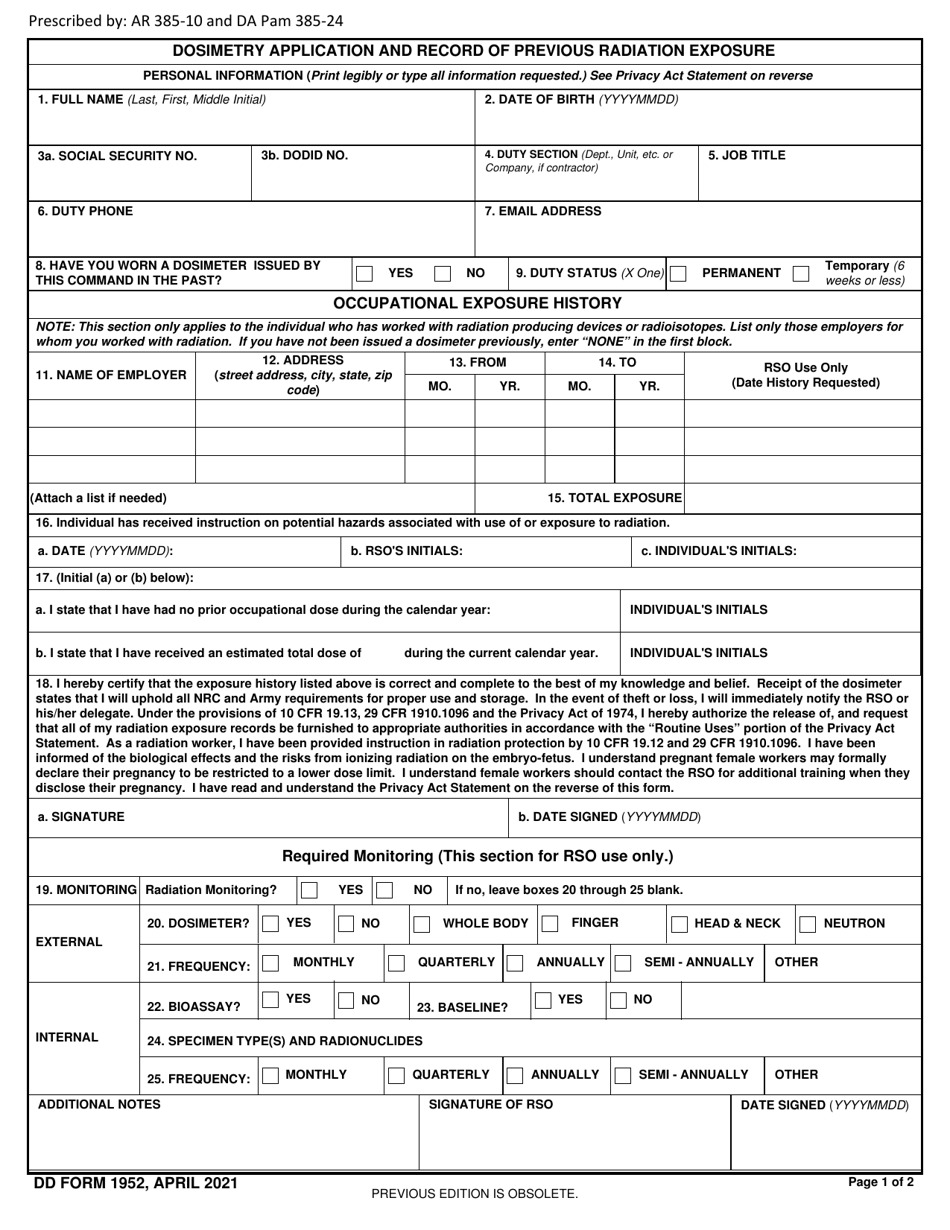 DD Form 1952 Dosimeter Application and Record of Previous Occupational Radiation Exposure, Page 1