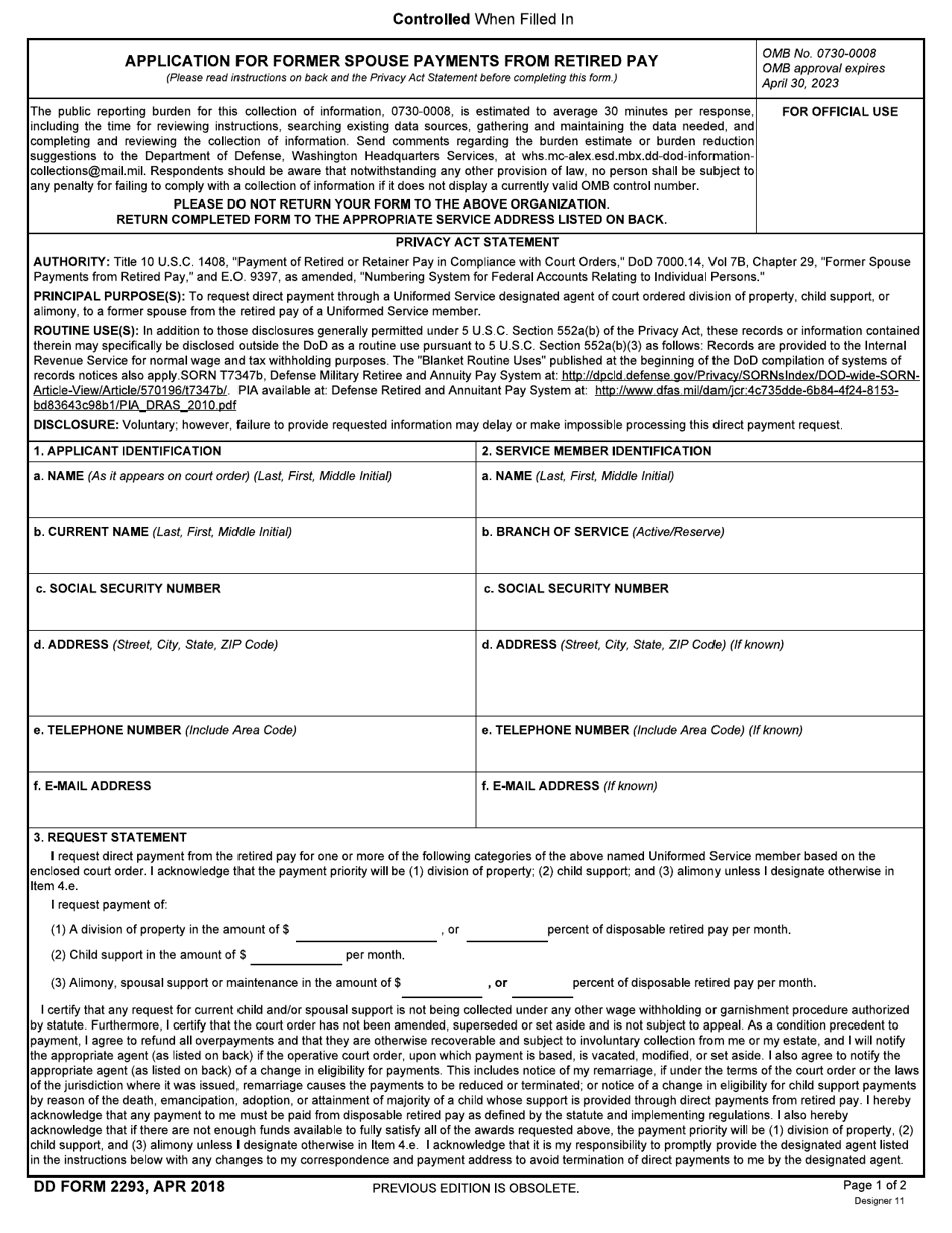 DD Form 2293 Application for Former Spouse Payments From Retired Pay, Page 1