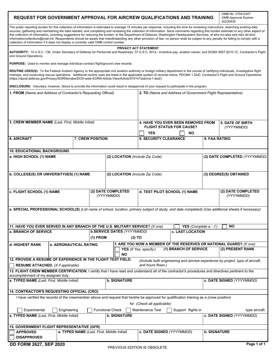 DD Form 2627 Request for Government Approval for Aircrew Qualifications and Training, Page 1