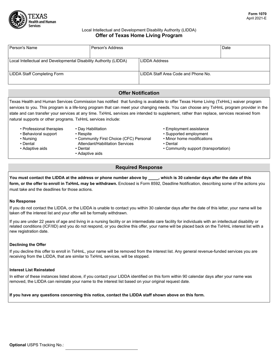 Form 1070 Offer of Texas Home Living Program - Texas, Page 1