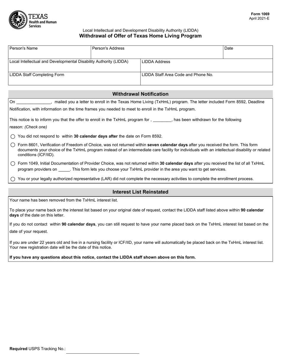 Form 1069 Withdrawal of Offer of Texas Home Living Program - Texas, Page 1