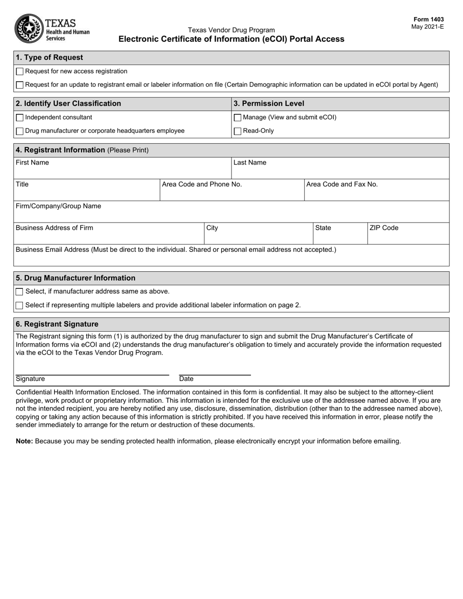 Form 1403 Electronic Certificate of Information (Ecoi) Portal Access - Texas, Page 1