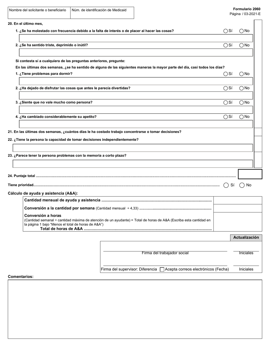 Formulario 2060 Cuestionario De Valoracion De Necesidades Y Guia De Tareas Y Horas - Texas (Spanish), Page 2