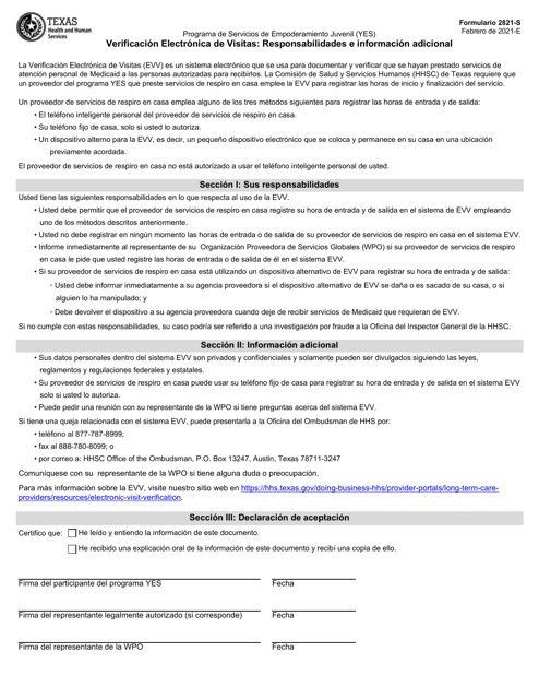 Formulario 2821-S Verificacion Electronica De Visitas: Responsabilidades E Informacion Adicional - Texas (Spanish)