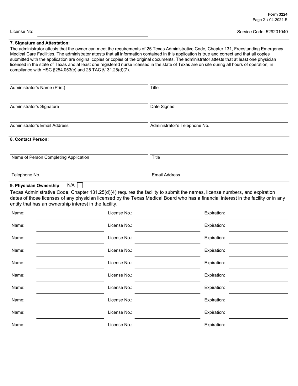 Form 3224 Freestanding Emergency Medical Care Facility License Renewal Application - Texas, Page 2