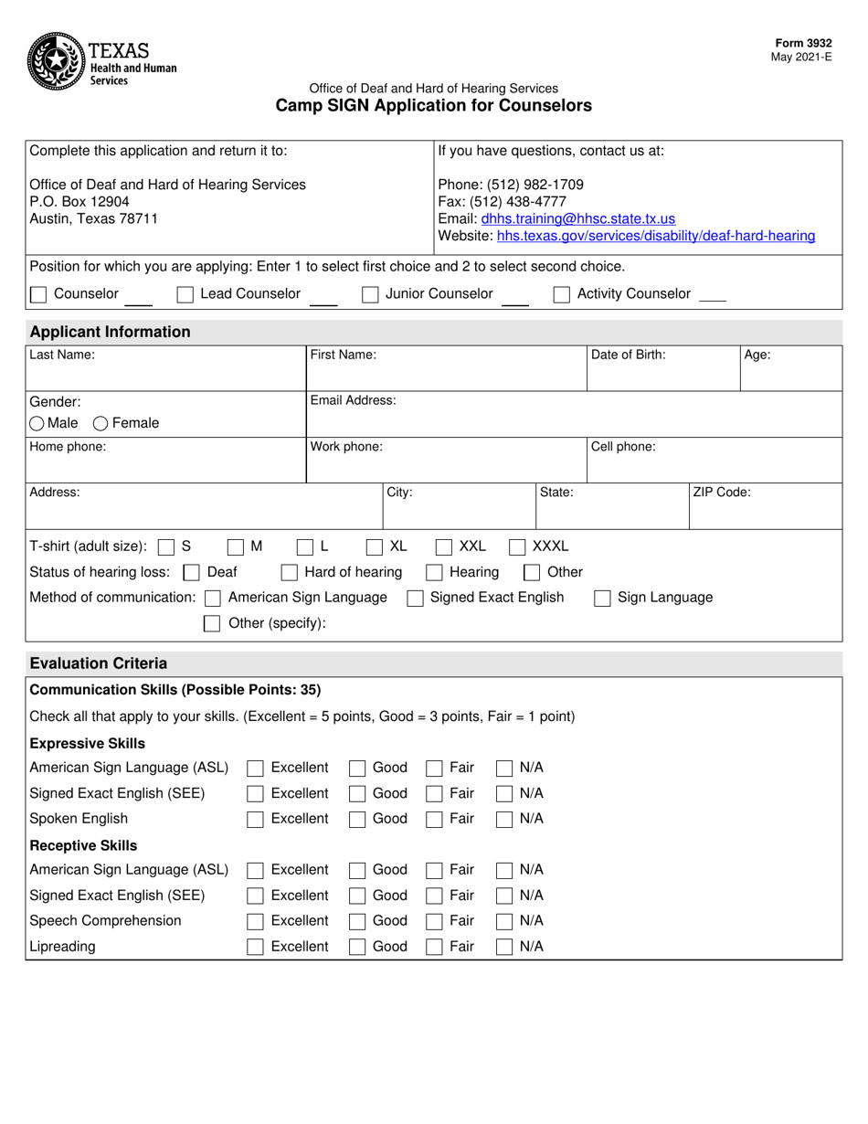 Form 3932 Camp Sign Application for Counselors - Texas, Page 1