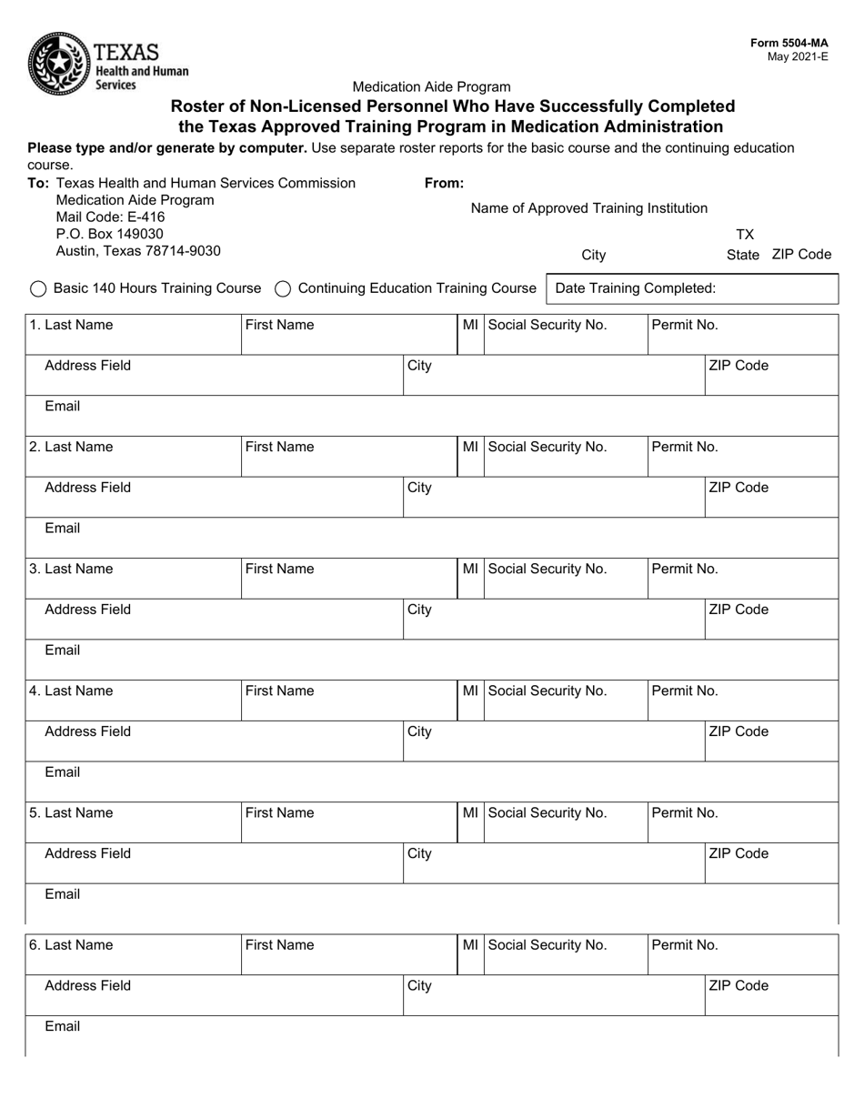 Form 5504-MA Roster of Non-licensed Personnel Who Have Successfully Completed the Texas Approved Training Program in Medication Administration - Texas, Page 1