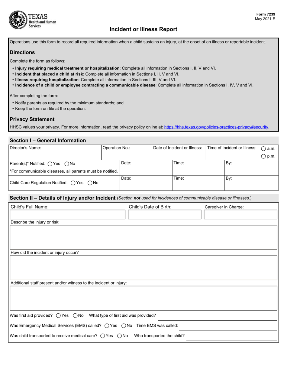 Form 7239 Incident or Illness Report - Texas, Page 1