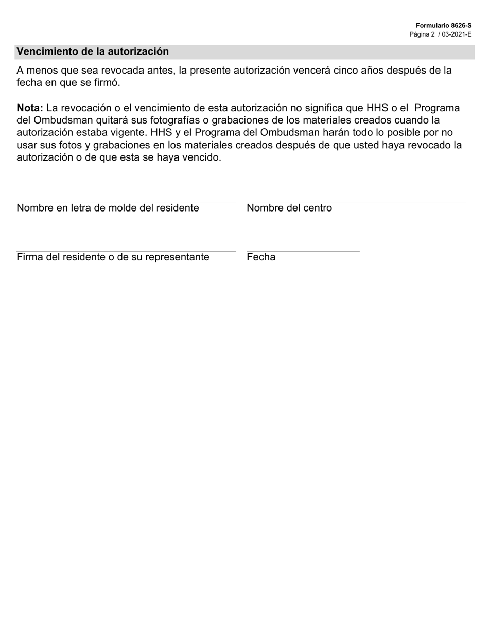 Formulario 8626-S Autorizacion Para Fotografiar O Grabar a Un Residente De Un Centro De Reposo O De Vida Asistida - Texas (Spanish), Page 2
