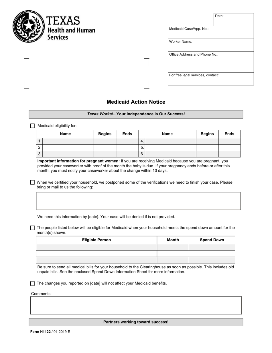 Form H1122 Medicaid Action Notice - Texas, Page 1