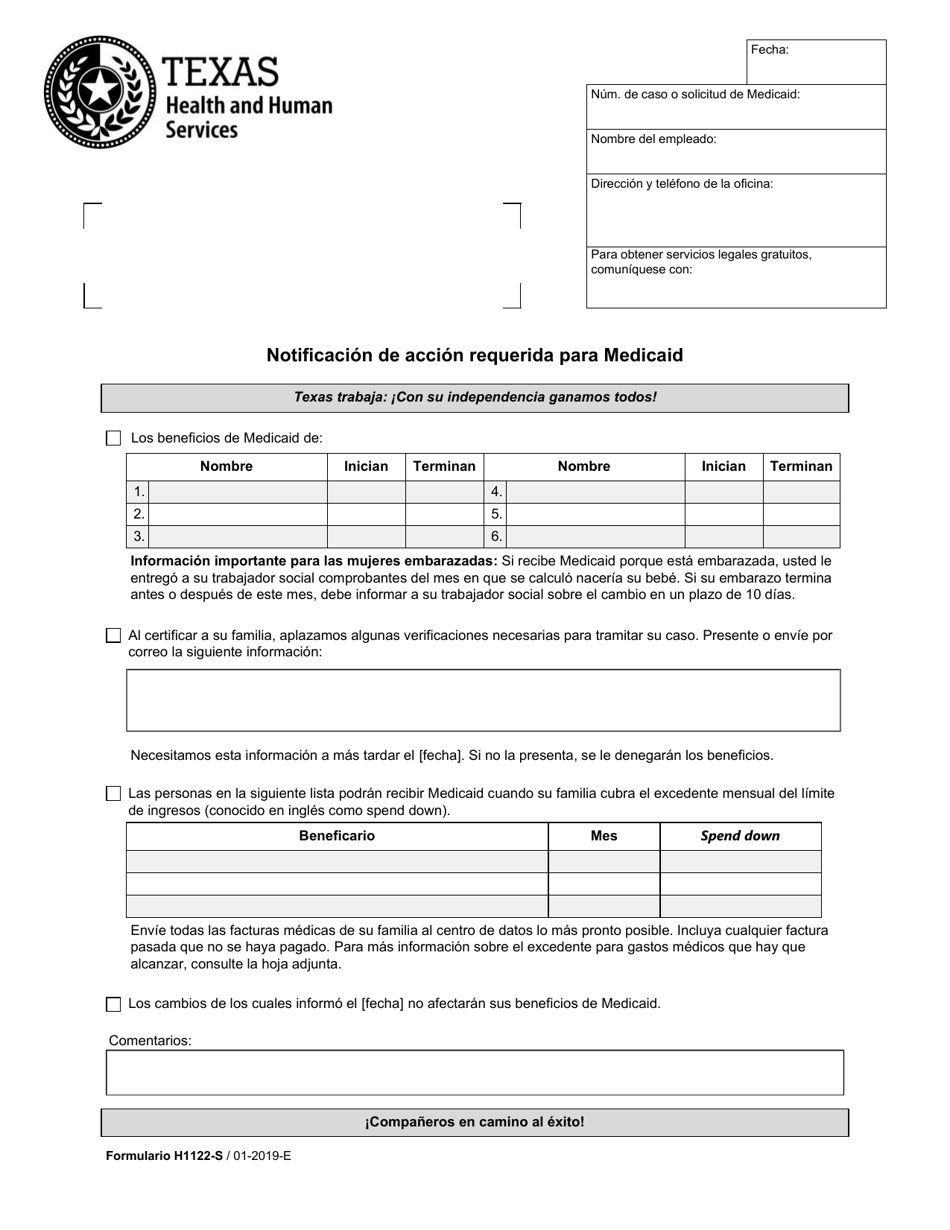 Formulario H1122-S Notificacion De Accion Requerida Para Medicaid - Texas (Spanish), Page 1