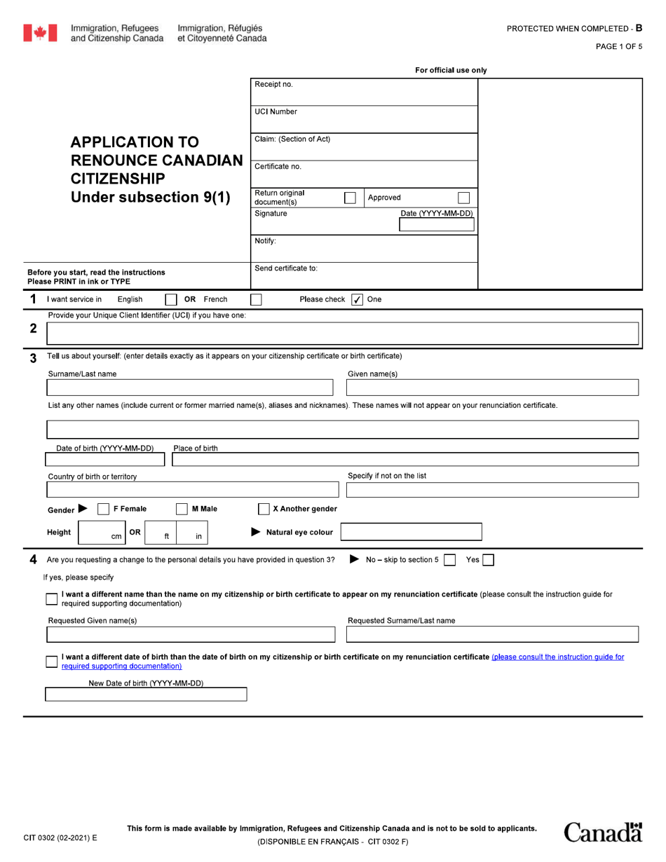 Form CIT0302 Application to Renounce Canadian Citizenship Under Subsection 9(1) - Canada, Page 1
