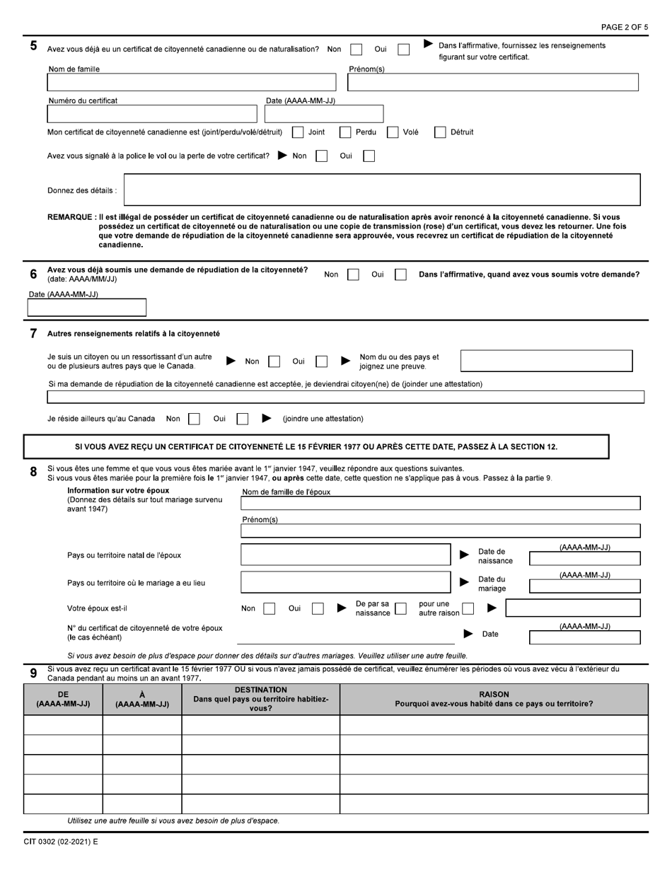 Forme CIT0302 Demande De Repudiation De La Citoyennete Canadienne En Vertu Du Paragraphe 9(1) - Canada (French), Page 2