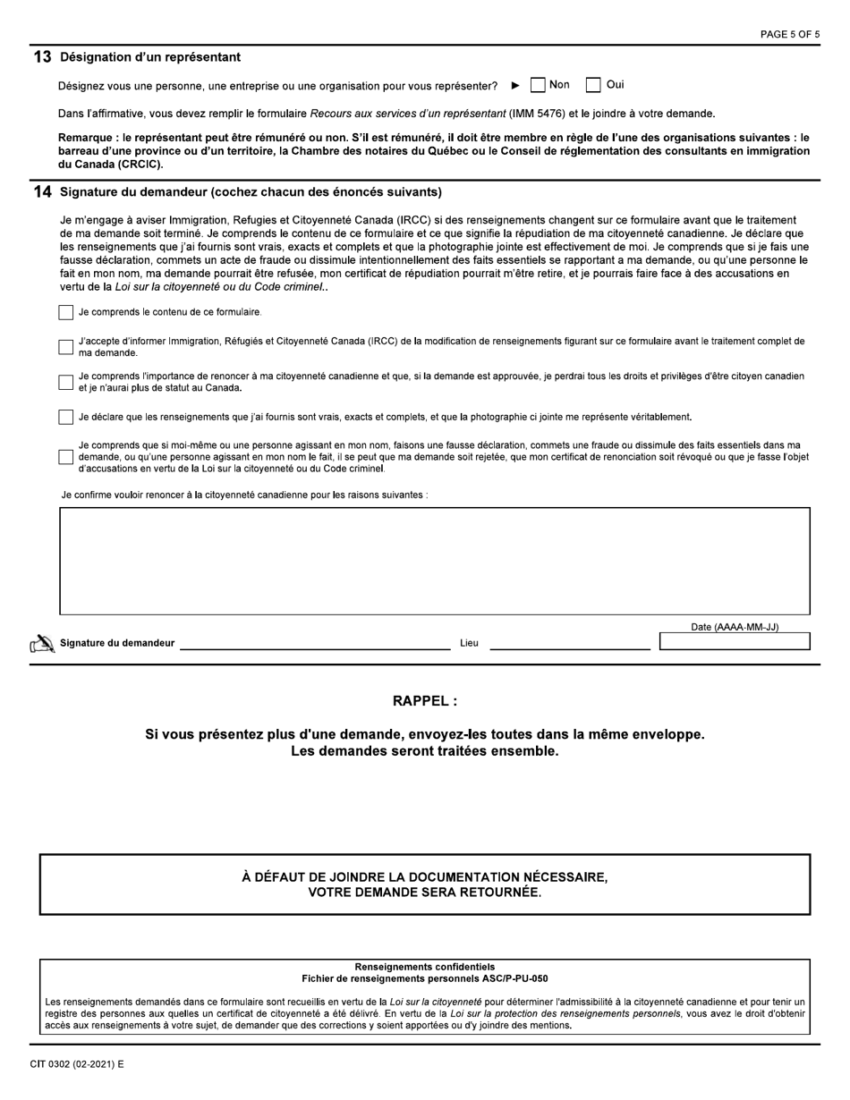 Forme CIT0302 Demande De Repudiation De La Citoyennete Canadienne En Vertu Du Paragraphe 9(1) - Canada (French), Page 5