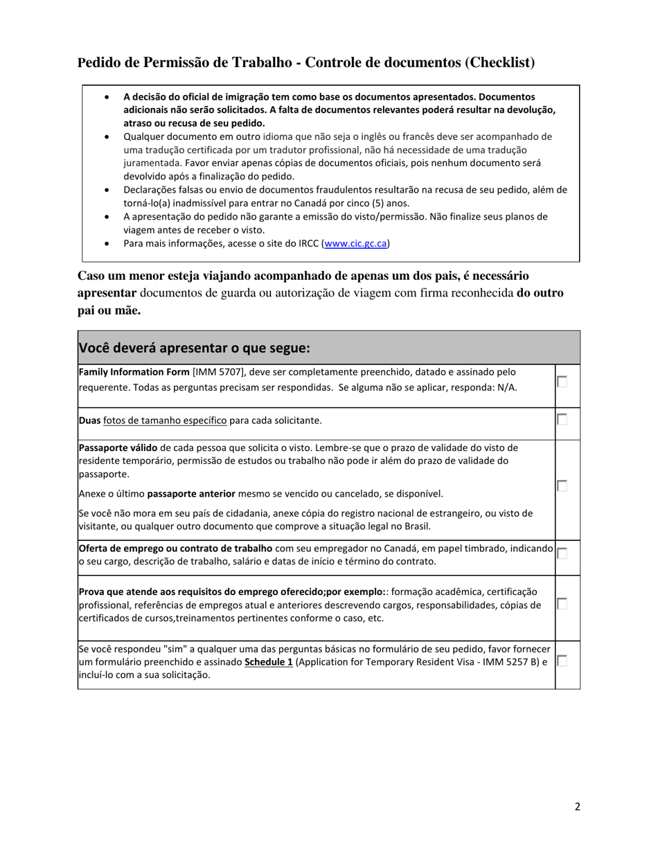 Form IMM5929 Application for a Work Permit - Checklist - San Paulo - Canada (English / Portuguese), Page 3