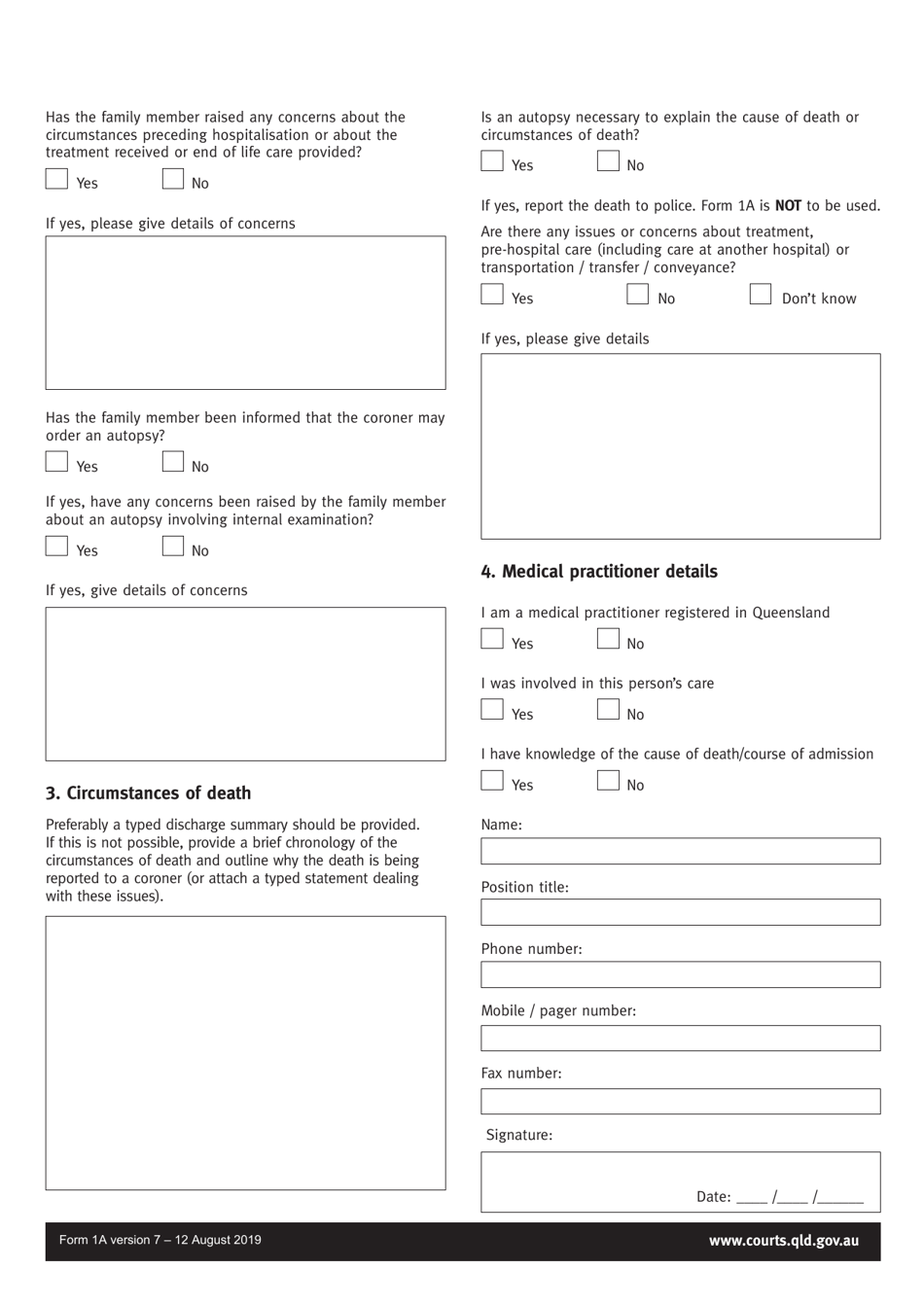 Form 1A Medical Practitioner Report of Death to a Coroner - Queensland, Australia, Page 3