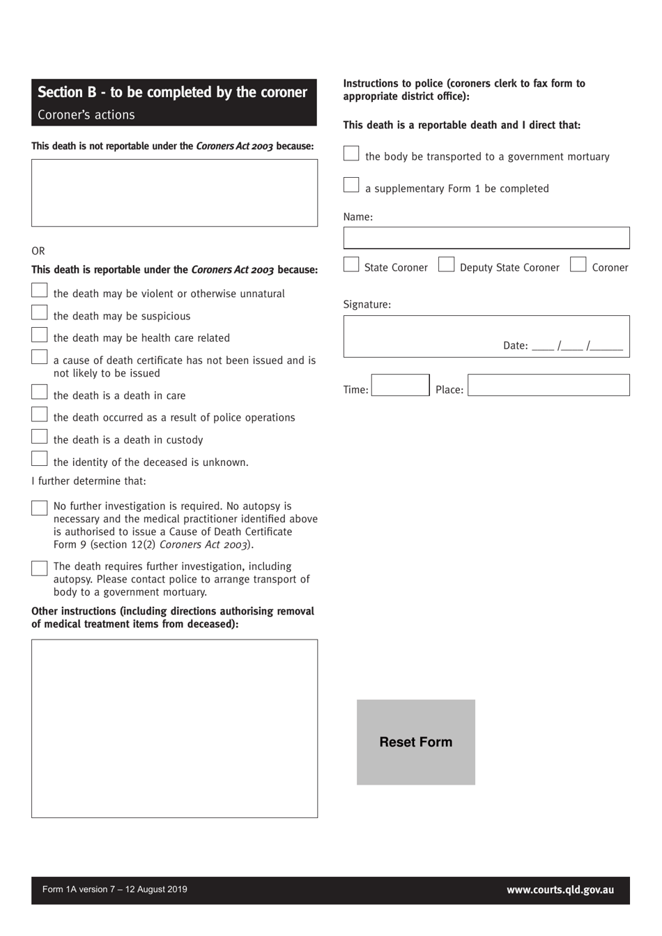Form 1A Medical Practitioner Report of Death to a Coroner - Queensland, Australia, Page 4