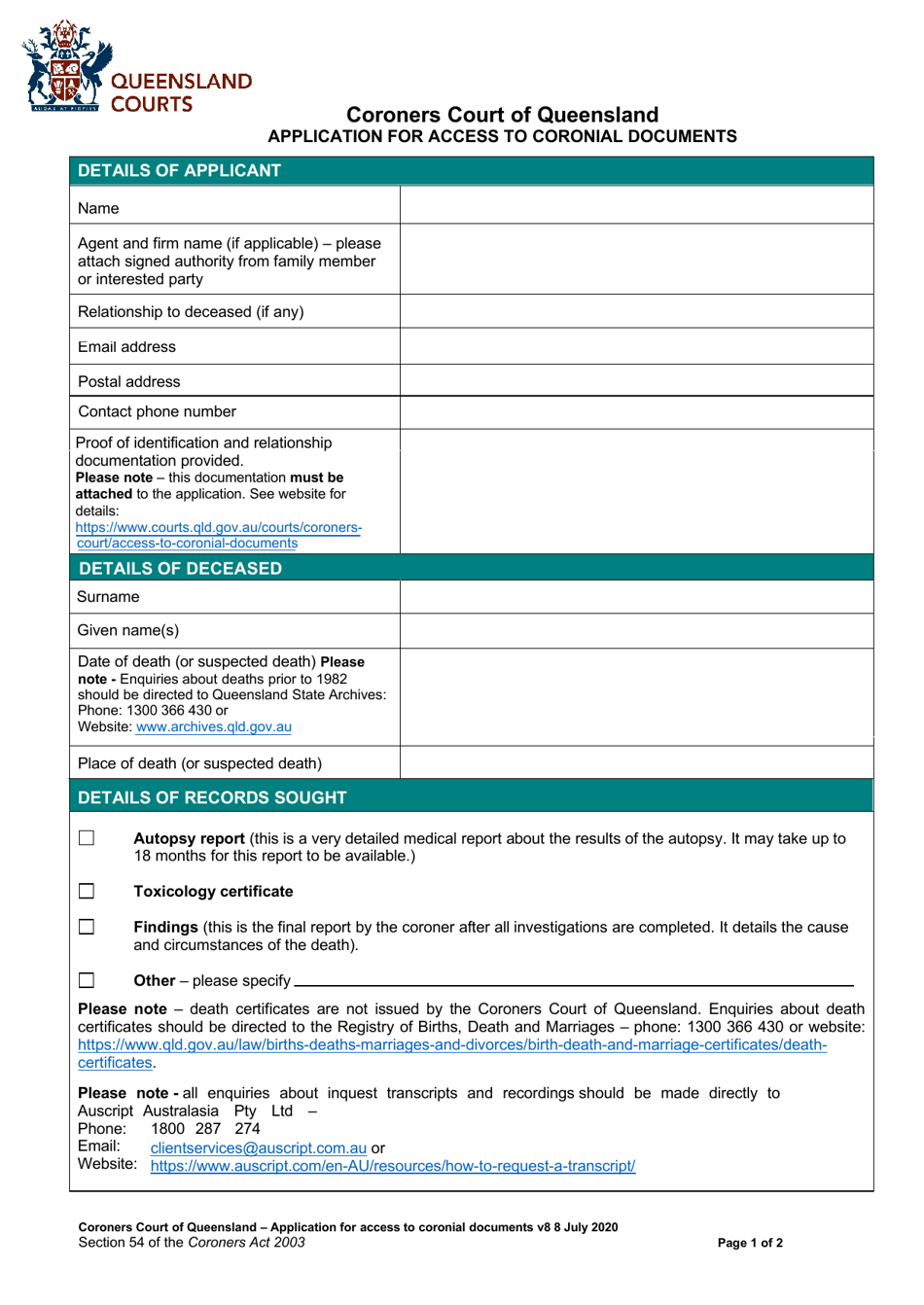 Queensland Australia Application For Access To Coronial Documents ...