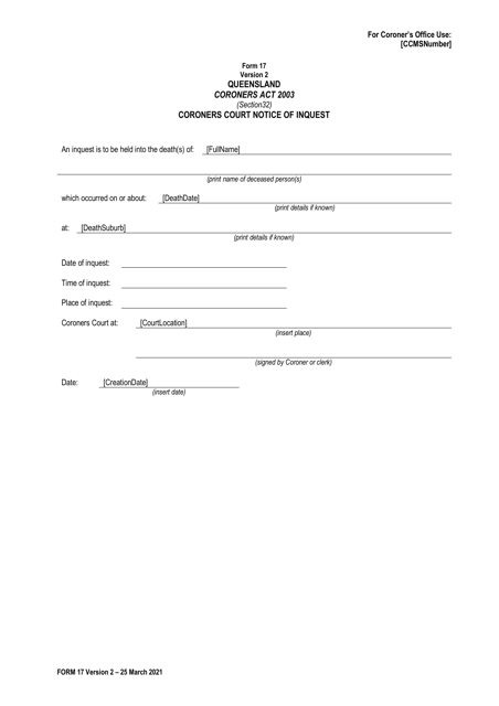 Form 17 Coroners Court Notice of Inquest - Queensland, Australia